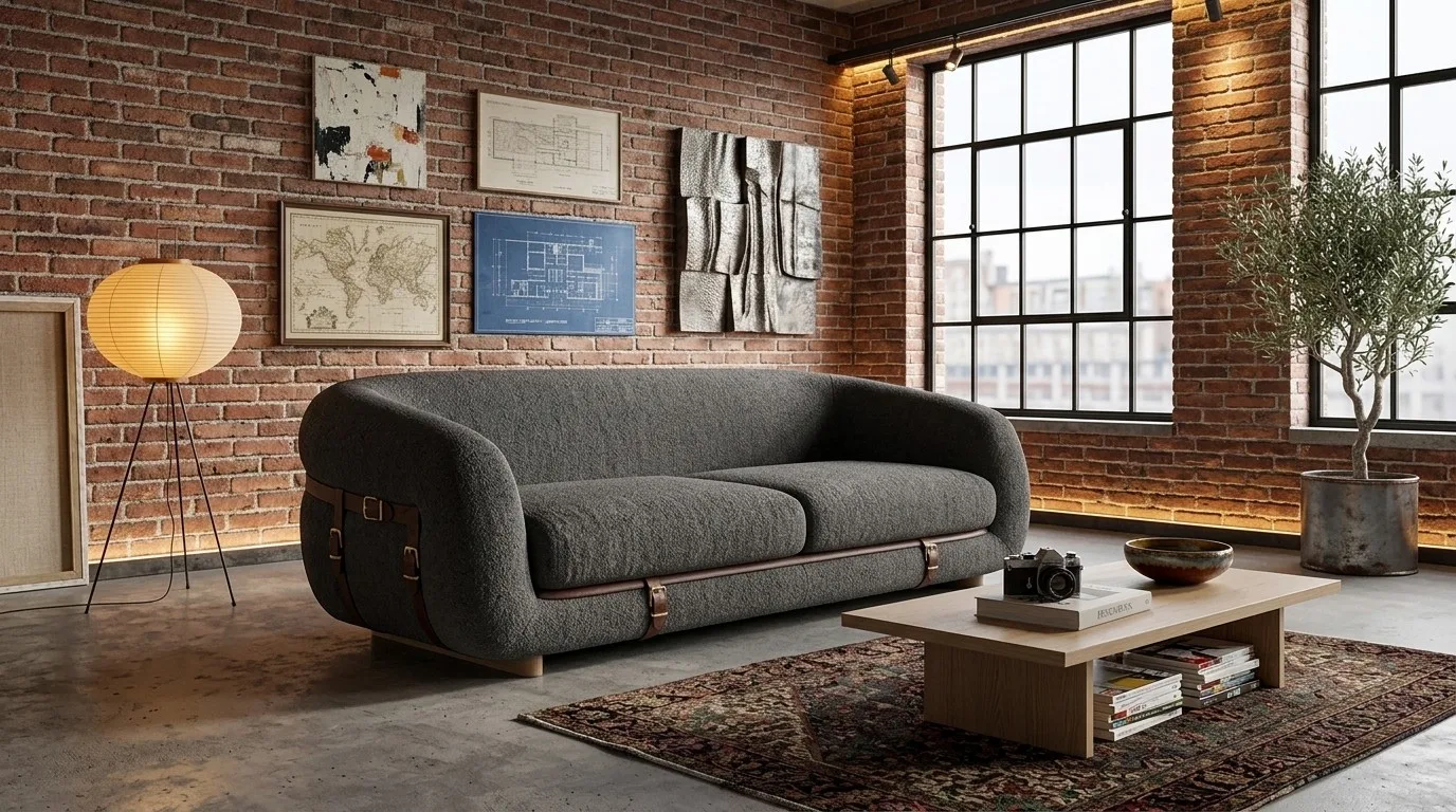 Charcoal gray boucle Blair sofa with leather straps in a brick loft with steel windows, vintage rug, and a paper floor lamp