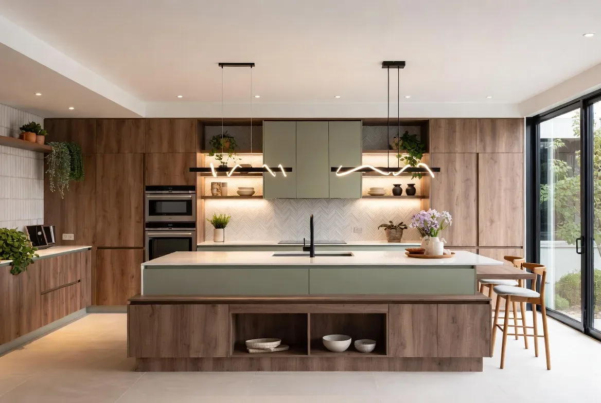 A modern kitchen with wood cabinetry, a large island with seating, pendant lighting, and large glass sliding doors