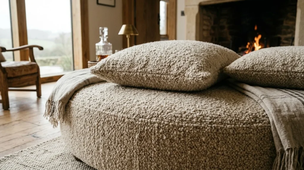 Close-up of looped cream boucle fabric on an ottoman and pillows beside a fireplace, by Designed Curated, Sacramento interior design studio