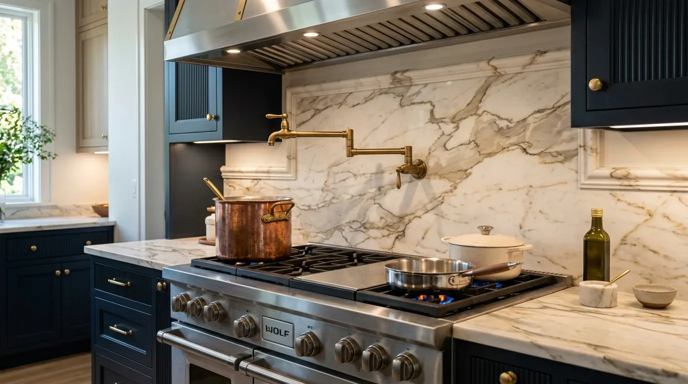 A modern kitchen featuring a stainless steel Wolf gas stove with brass fixtures, dark cabinetry, and marble countertops and backsplash