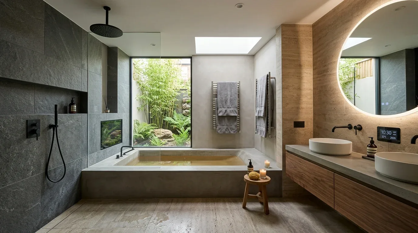 A modern bathroom with a large bathtub, rain shower, double sinks, a round backlit mirror, and a window overlooking a small garden