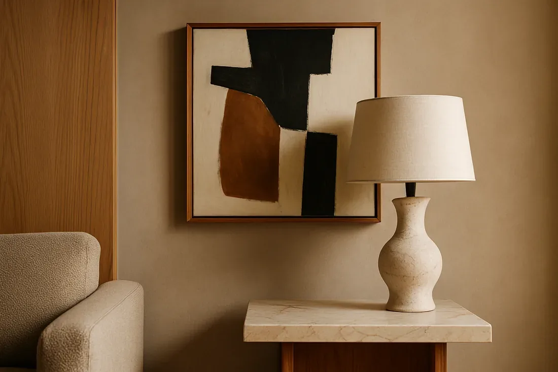 A minimalist living room corner with a beige sofa, abstract wall art, a marble side table, and a ceramic table lamp