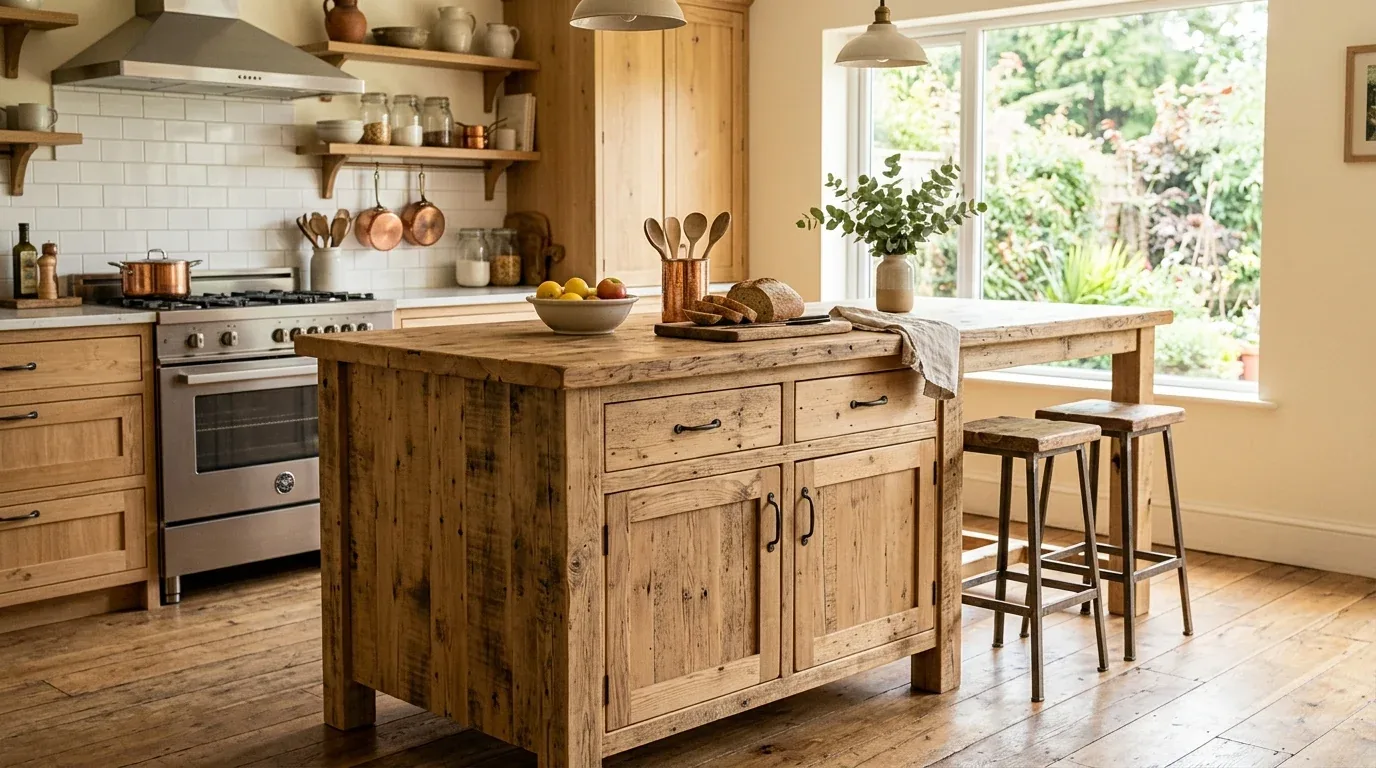A rustic kitchen with wooden cabinetry, a wooden island, stools, and a large window overlooking a garden