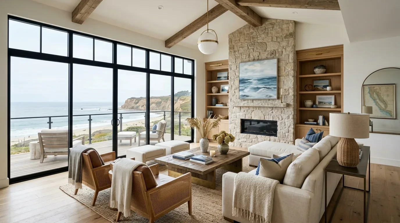 A modern living room with large glass windows overlooking a beach, featuring a stone fireplace, wooden beams, and neutral-toned furniture