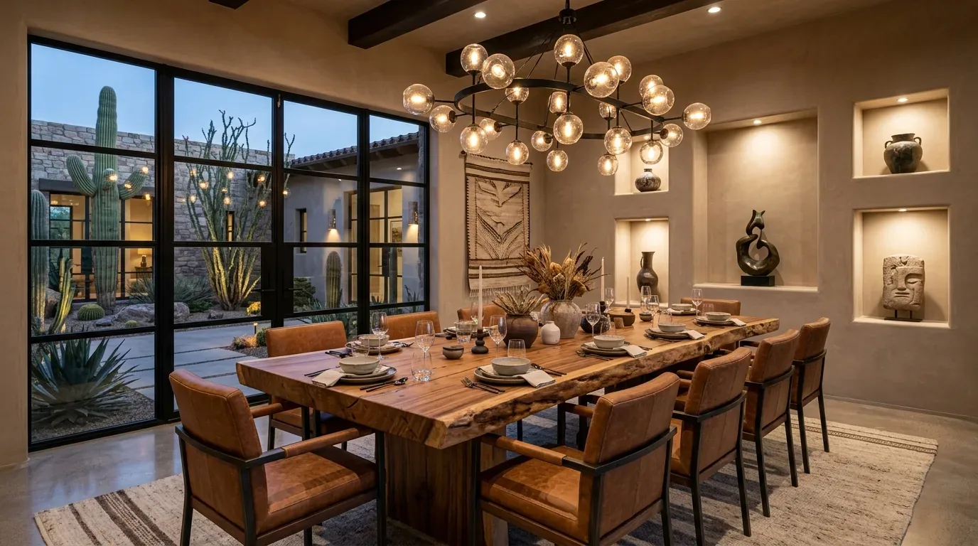 A spacious dining room with a long table set for a meal, featuring large windows, exposed wooden ceiling beams, and a chandelier