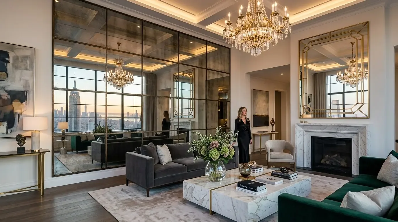 A luxurious living room with large mirrored wall, marble fireplace, crystal chandelier, and city skyline view including the Empire State Building