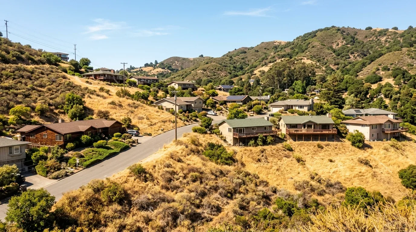 A hillside residential neighborhood with houses surrounded by dry grass and green shrubs under a clear blue sky