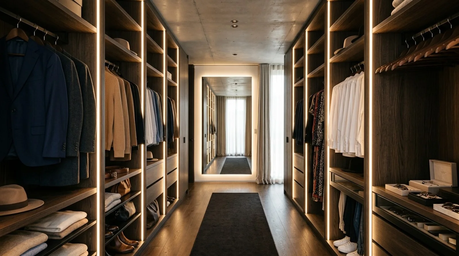 Modern walnut closet with runway-style LED strip lighting along every shelf edge and a mirrored end wall