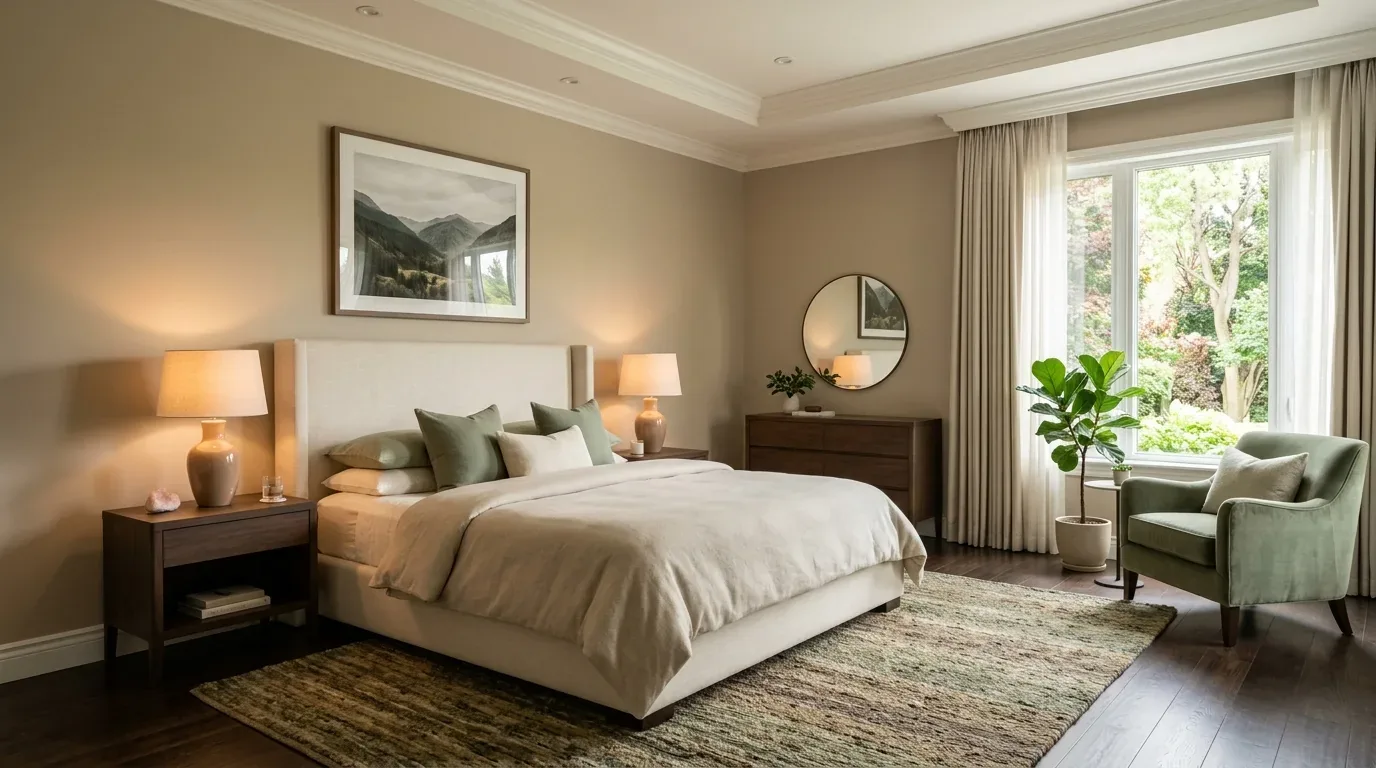 A cozy bedroom with a large bed, two bedside tables with lamps, a dresser with a round mirror, a green armchair, and a large window with curtains overlooking