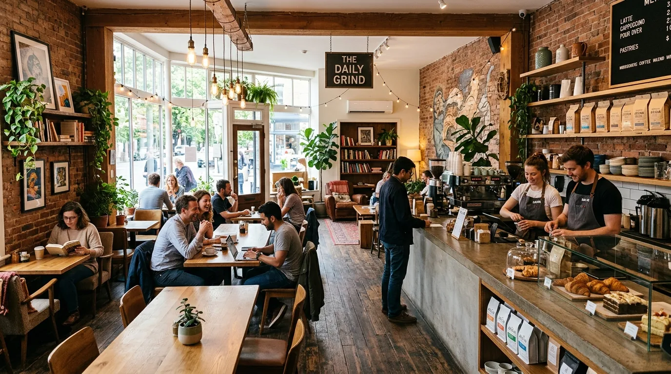 A cozy coffee shop interior with customers sitting at wooden tables and baristas serving behind a concrete counter