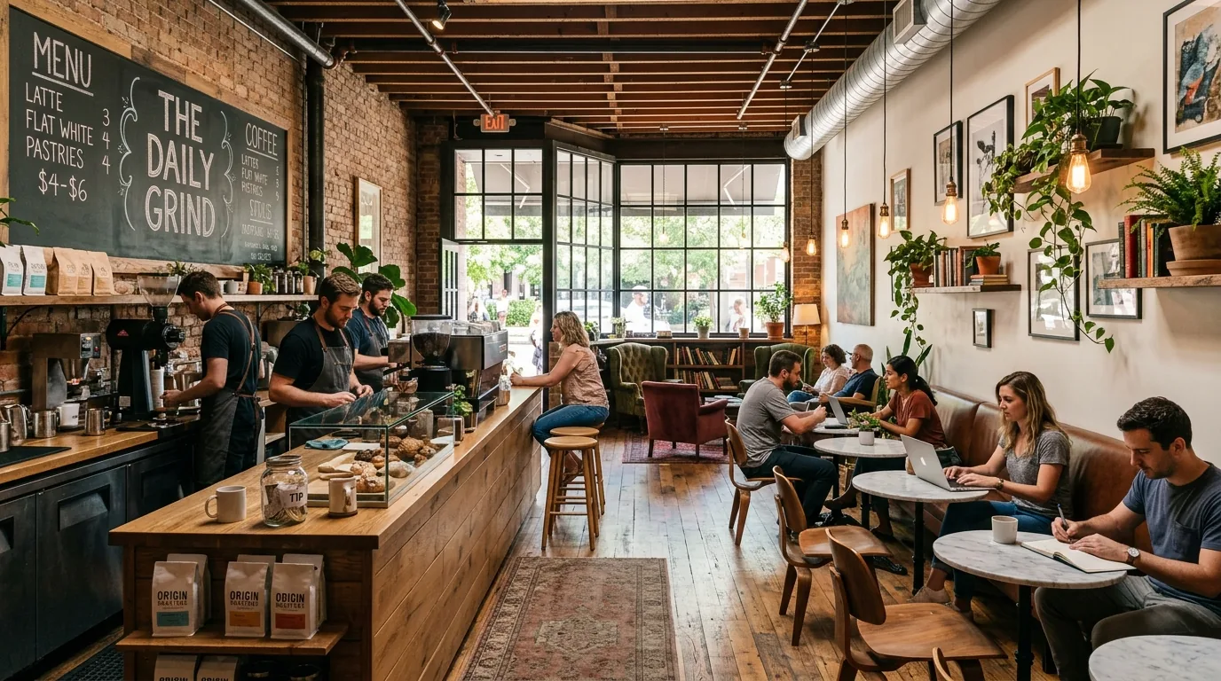 A cozy coffee shop interior with wooden counters, exposed brick walls, and customers working and socializing at small tables