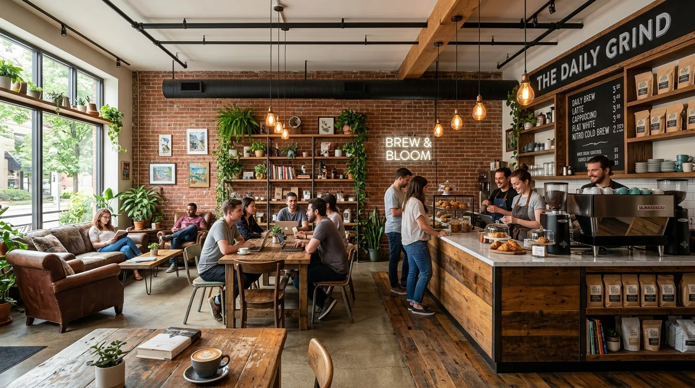A cozy coffee shop interior with exposed brick walls, wooden furniture, and people enjoying coffee and working on laptops