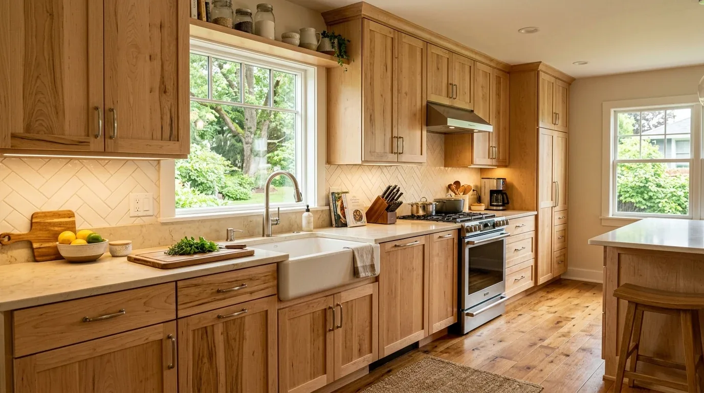 A bright kitchen with natural wood cabinets, white countertops, a farmhouse sink, and stainless steel appliances