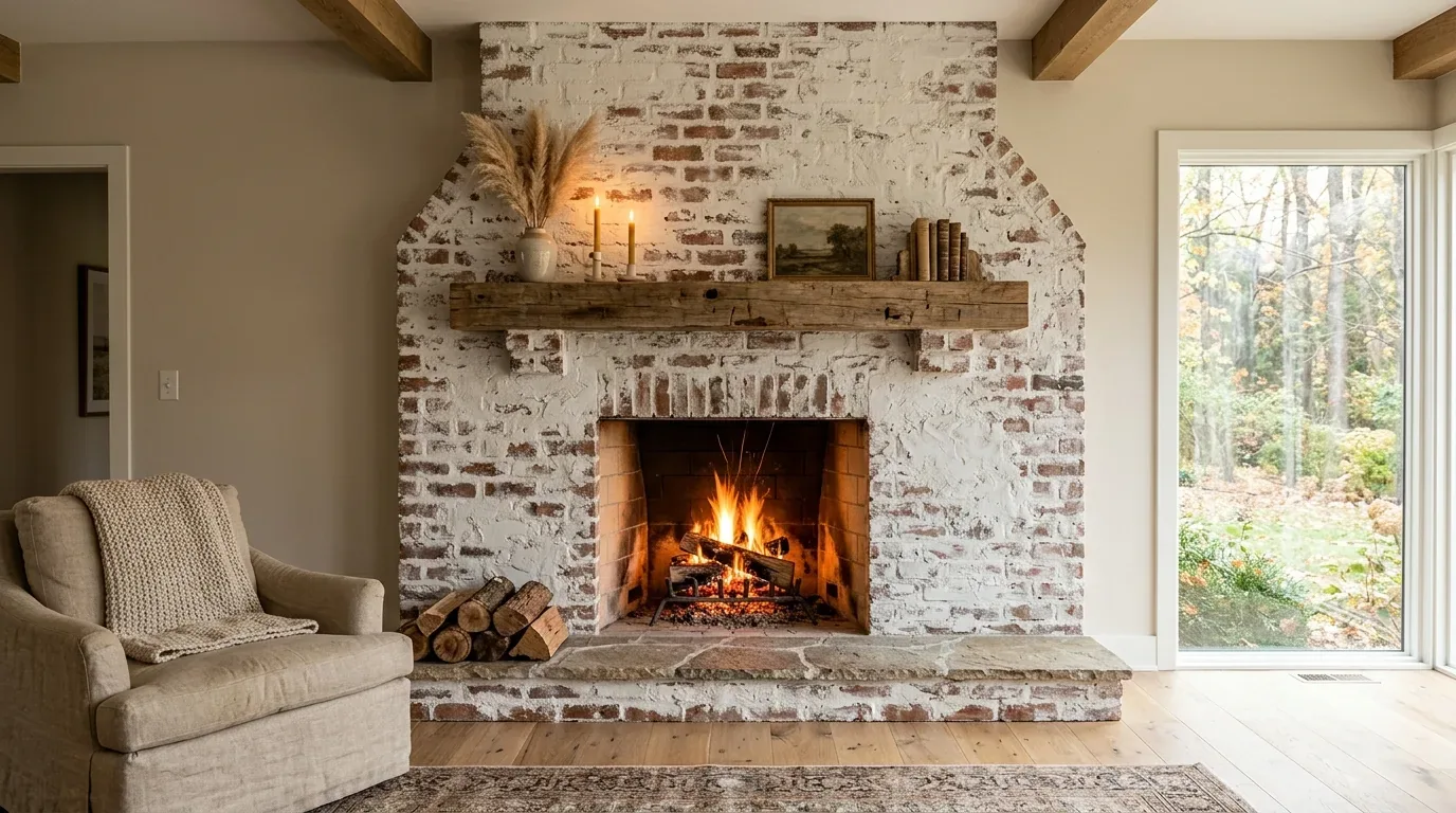 A cozy living room with a whitewashed brick fireplace, wooden mantel, armchair with a knitted throw, and a large window showing an outdoor view