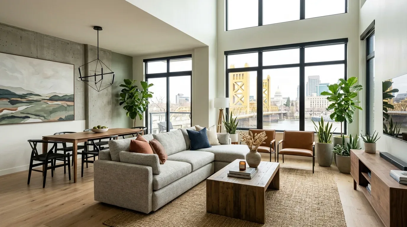 A modern living and dining area with large windows overlooking a cityscape and a yellow bridge