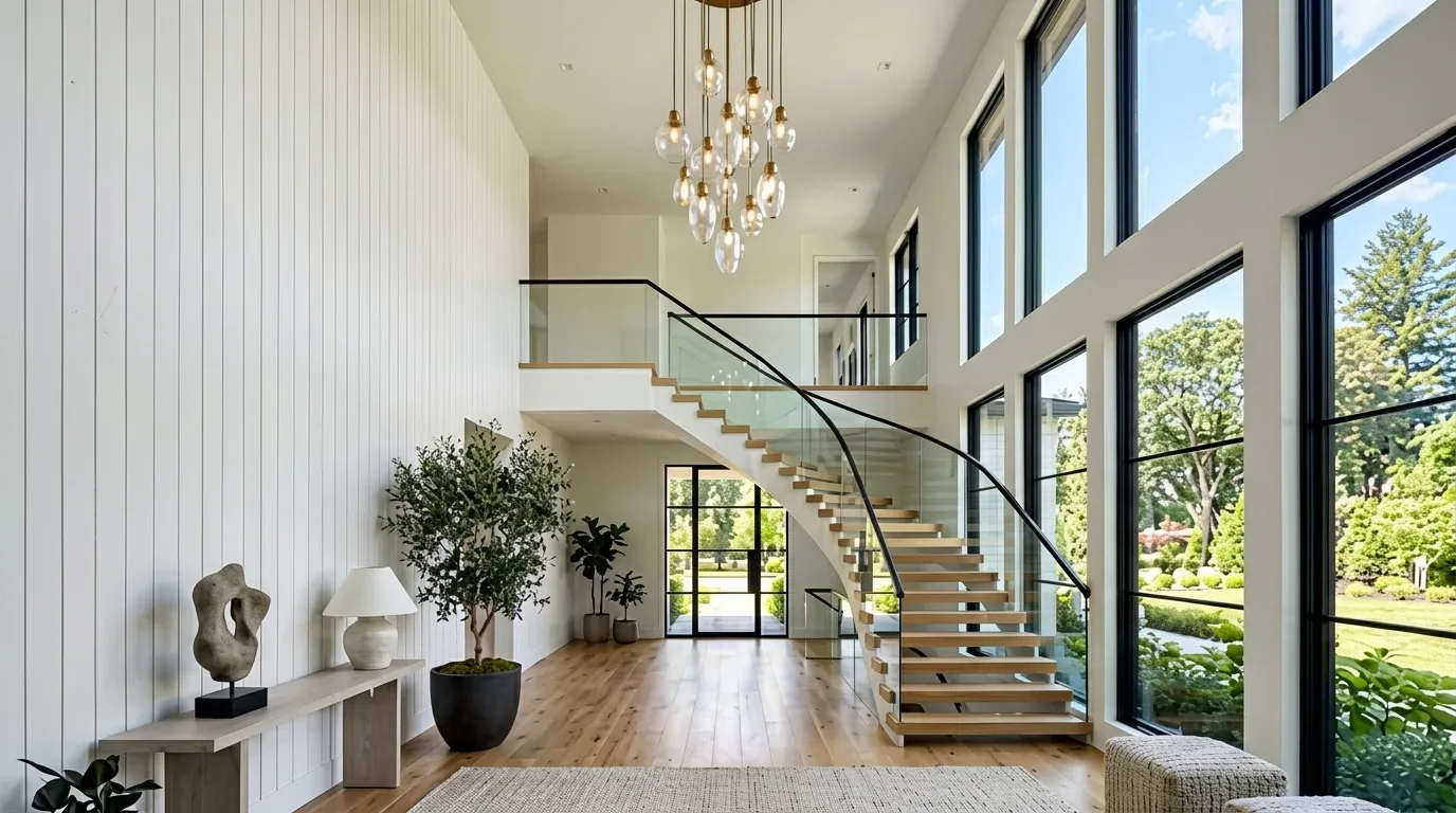 A bright, modern entryway with a floating wooden staircase, large windows, and minimalist decor