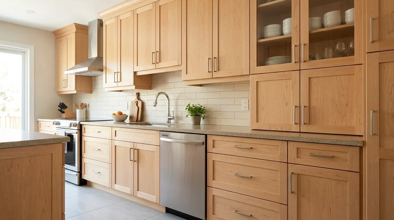 A modern kitchen with light wood cabinets, stainless steel appliances, and a neutral tile backsplash