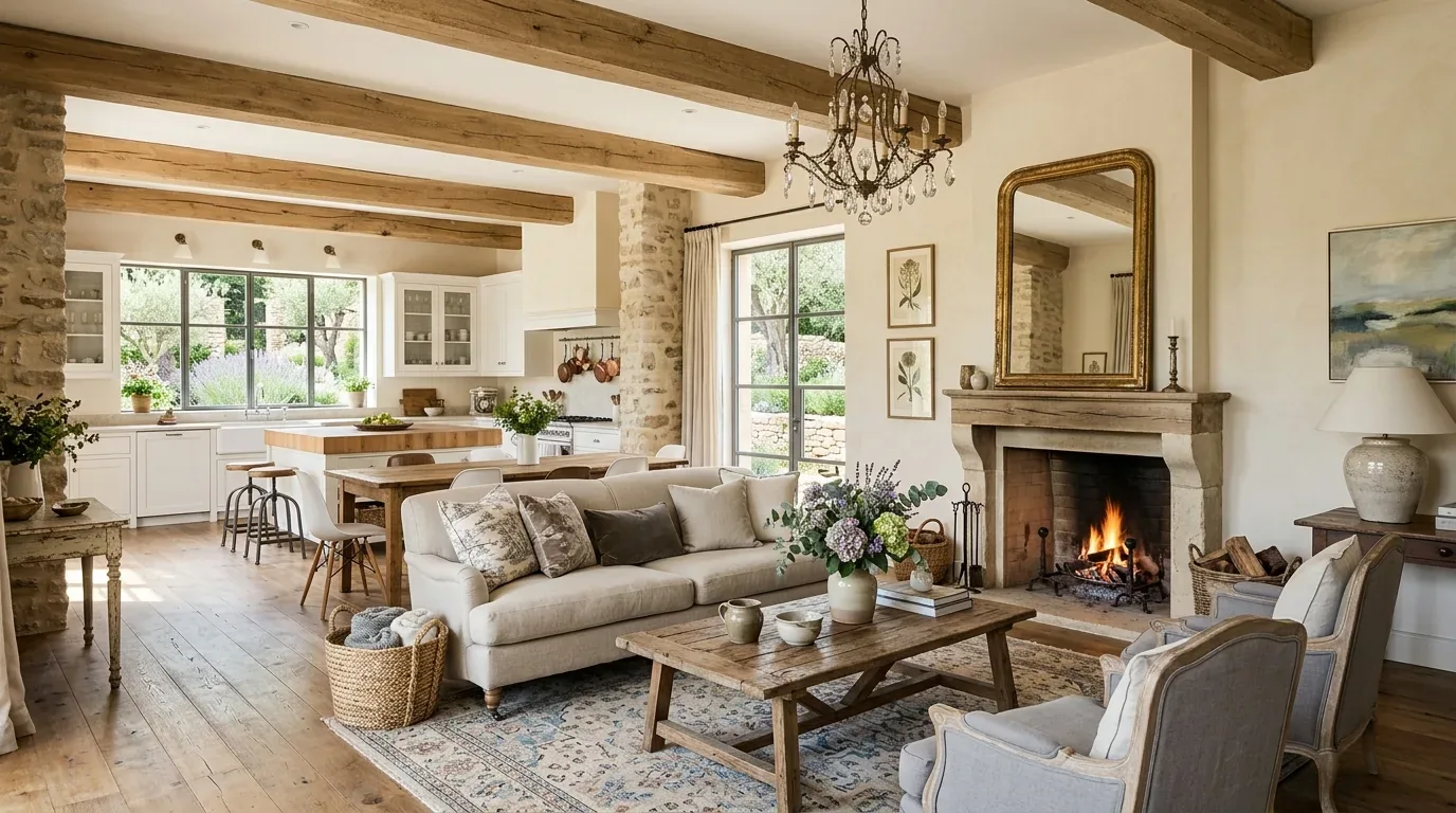 A cozy open-concept living room and kitchen with rustic wooden beams, stone accents, and a lit fireplace