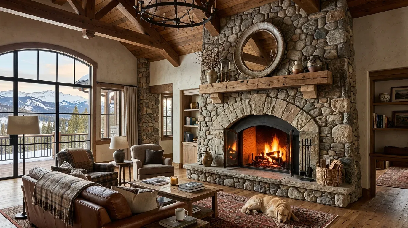 A cozy living room with a large stone fireplace, wooden ceiling beams, leather sofa, armchairs, and a dog lying on a rug