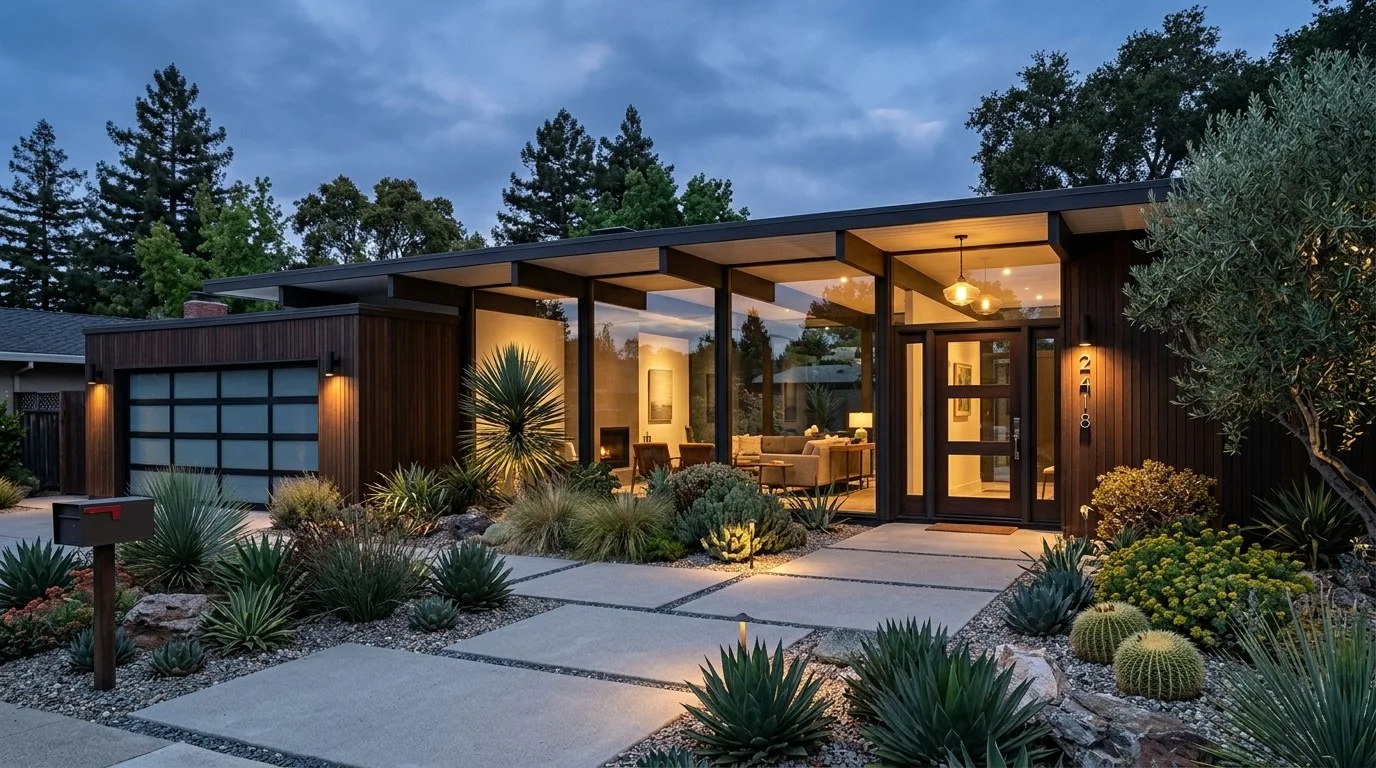 A single-story Eichler home at dusk with post-and-beam construction, walls of glass, warm interior lighting, and drought-tolerant landscaping