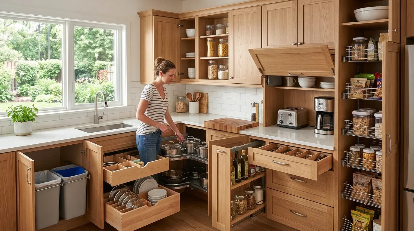 A woman organizing pots and pans in a modern kitchen with wooden cabinets and white countertops