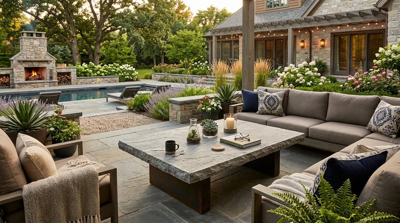 A cozy outdoor patio area with stone flooring, a large stone coffee table, cushioned seating, a fireplace, and a swimming pool surrounded by lush greenery