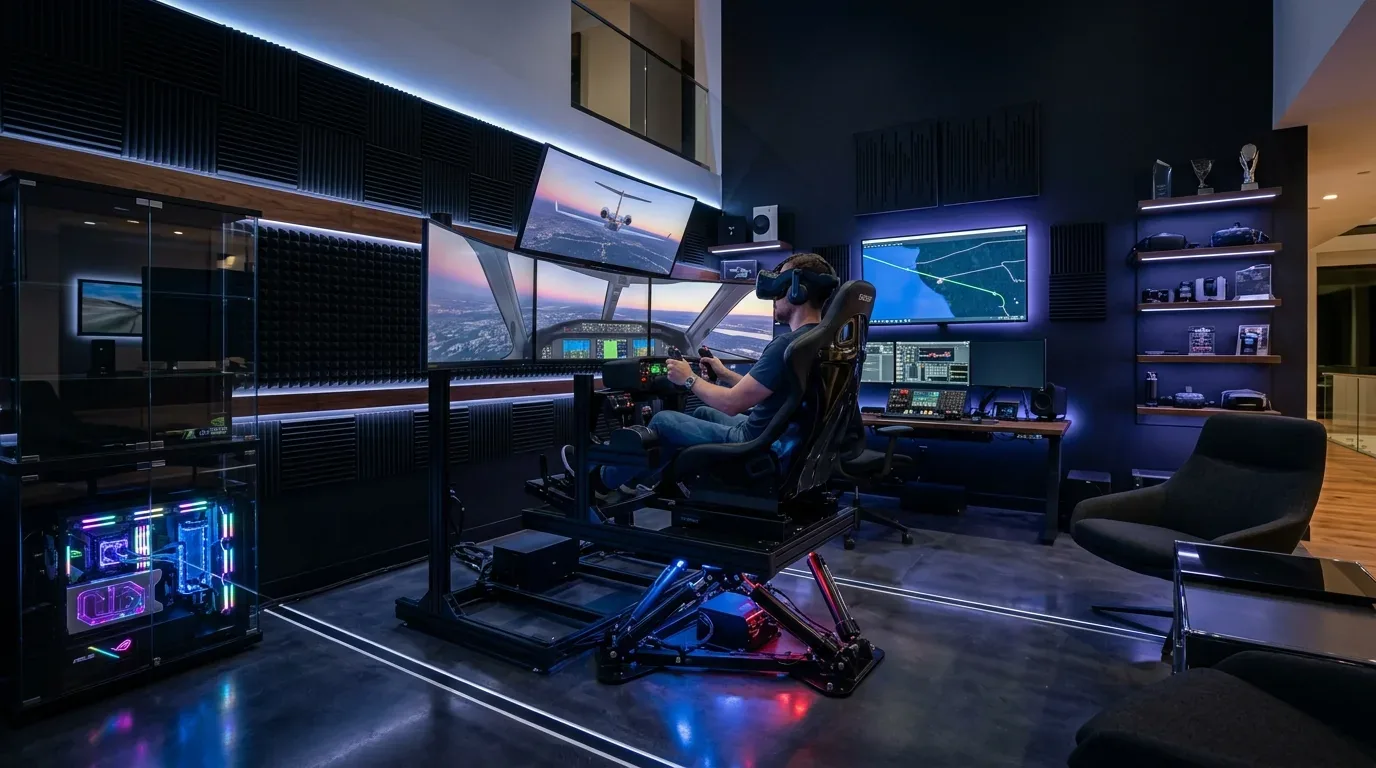 A high-tech gaming or flight simulation room with multiple monitors, a VR headset, and a motion simulator chair
