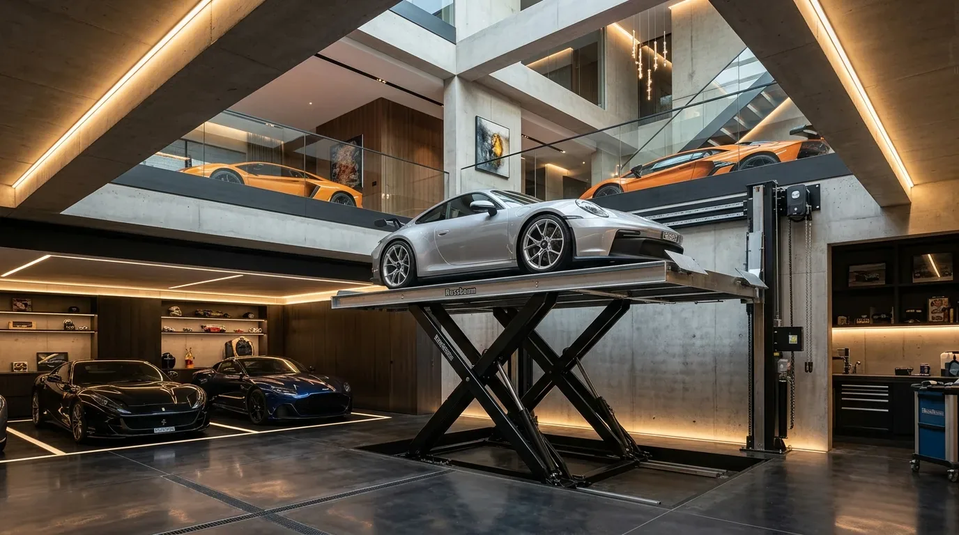 A modern luxury multi-level garage with high-end sports cars and a car lift system