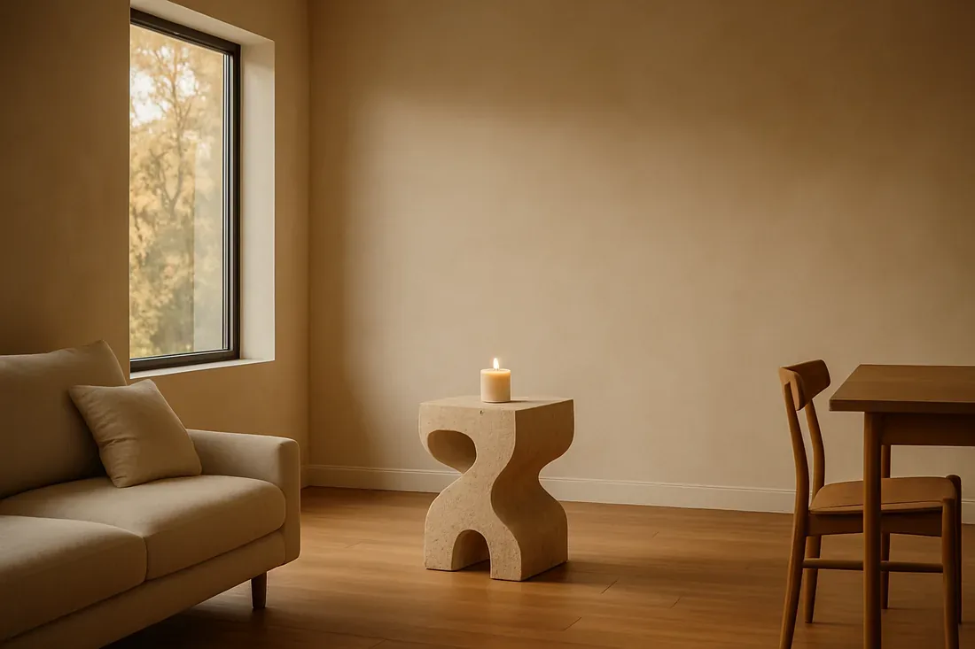 A minimalist living and dining area with a beige sofa, sculptural side table with a candle, wooden dining table and chairs, and a large window