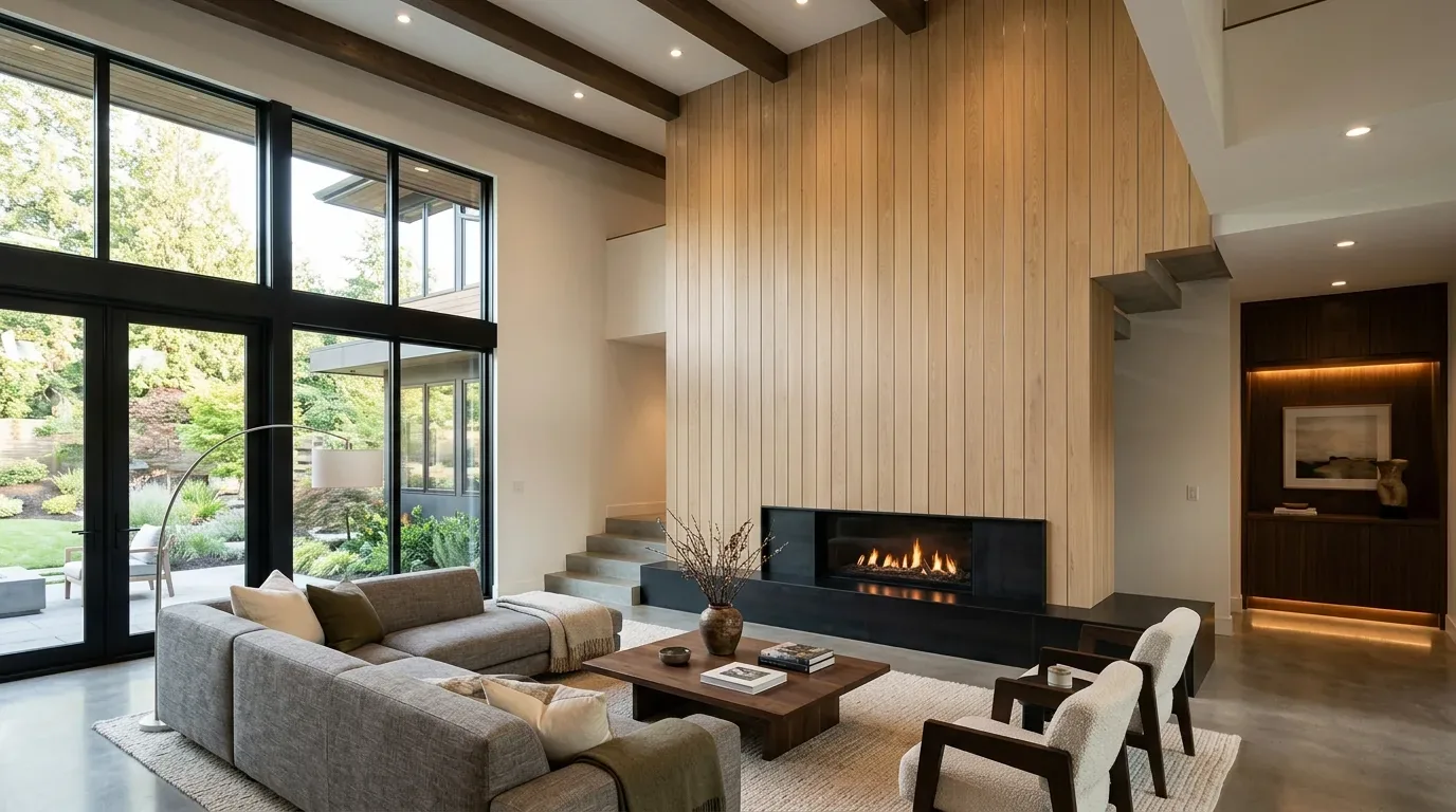 A modern living room with large windows, a wood-paneled fireplace, gray sectional sofa, and two armchairs