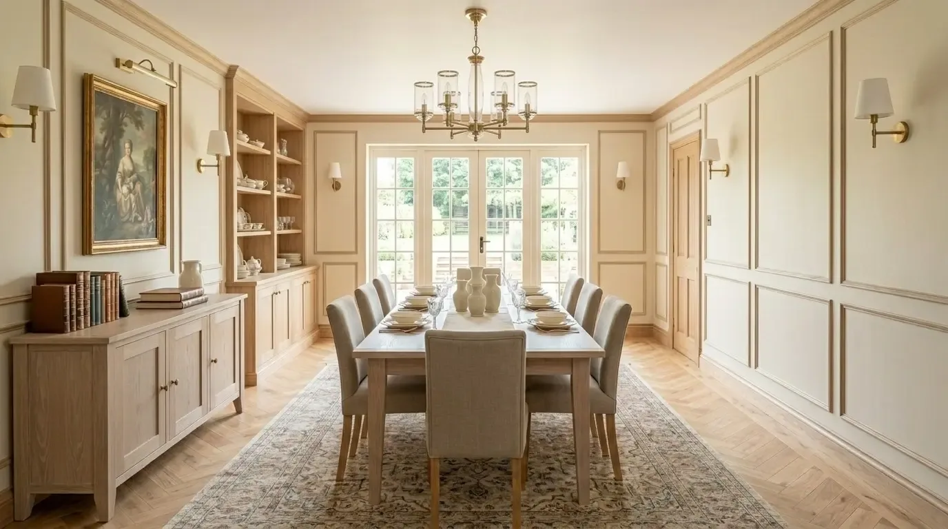A traditional dining room with a wooden table set for eight, beige upholstered chairs, built-in shelves, and classic wall paneling