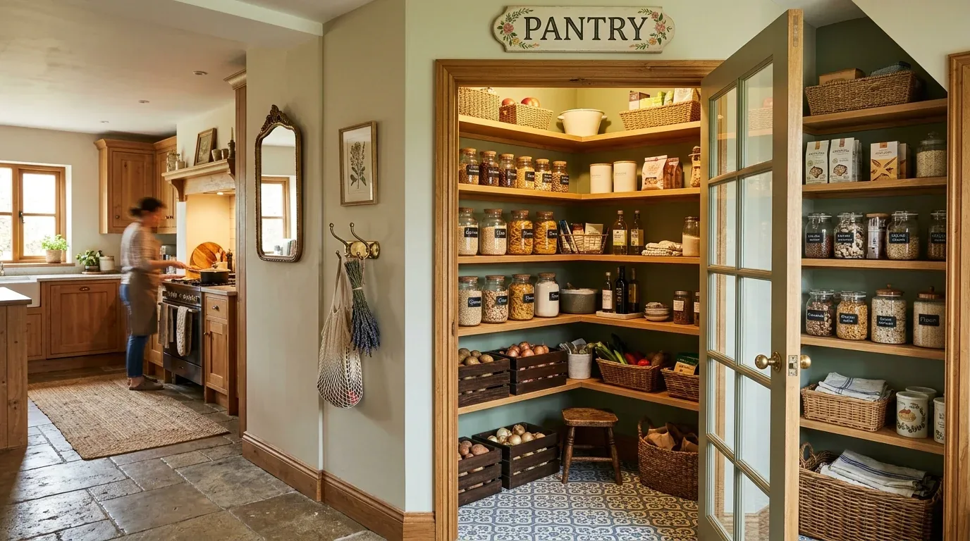 A cozy kitchen with wooden cabinetry and a well-organized pantry featuring labeled jars and baskets