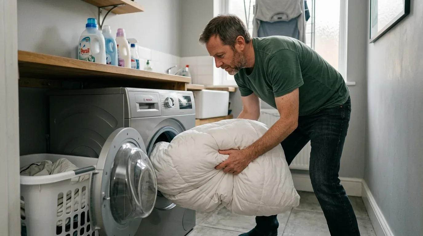 A man is loading a white comforter into a front-loading washing machine in a laundry room