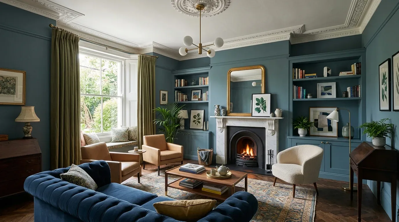 A cozy living room with blue walls, a fireplace, built-in bookshelves, a blue tufted sofa, beige armchairs, and a large window with green curtains