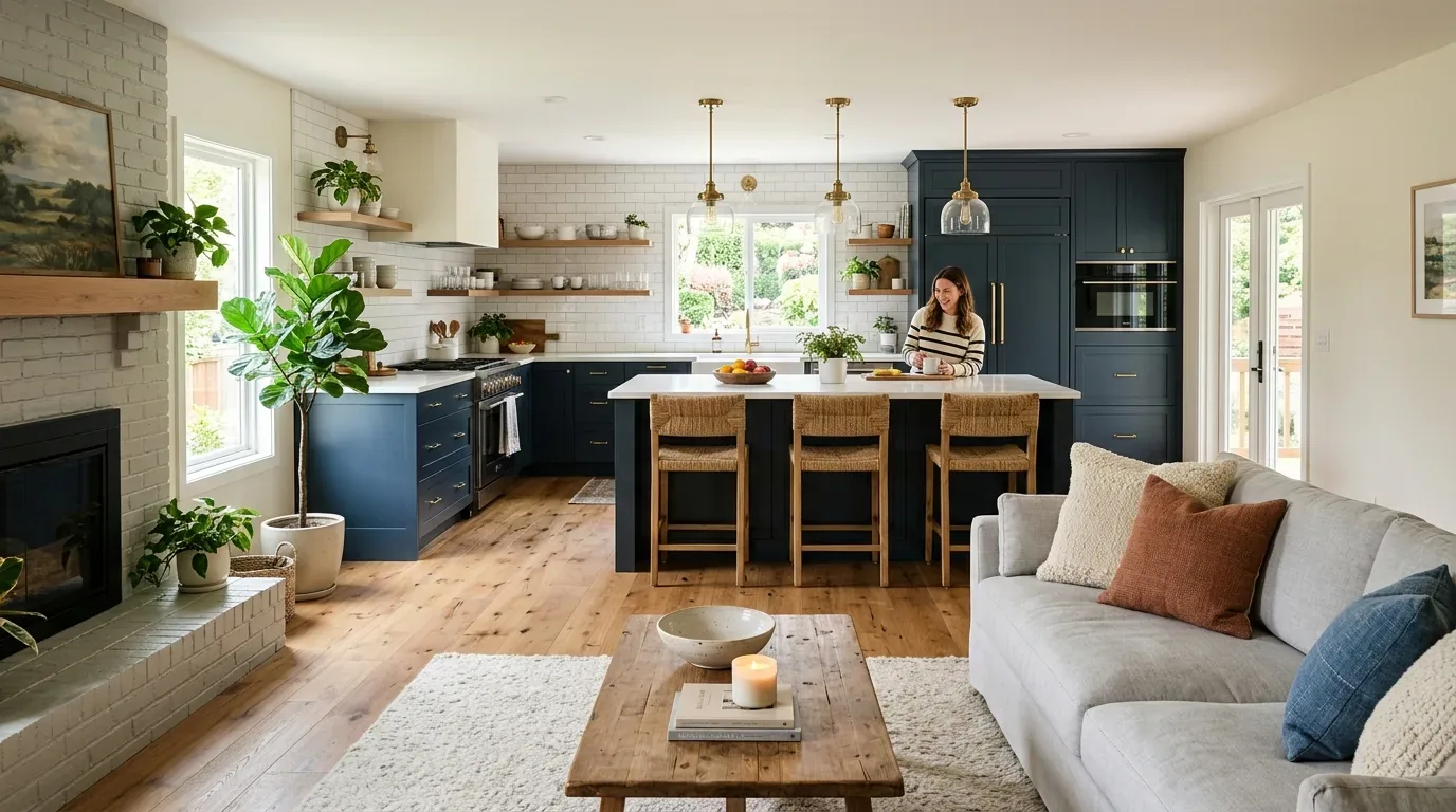 A modern open-concept kitchen and living room with navy blue cabinets, wooden floors, and a cozy seating area