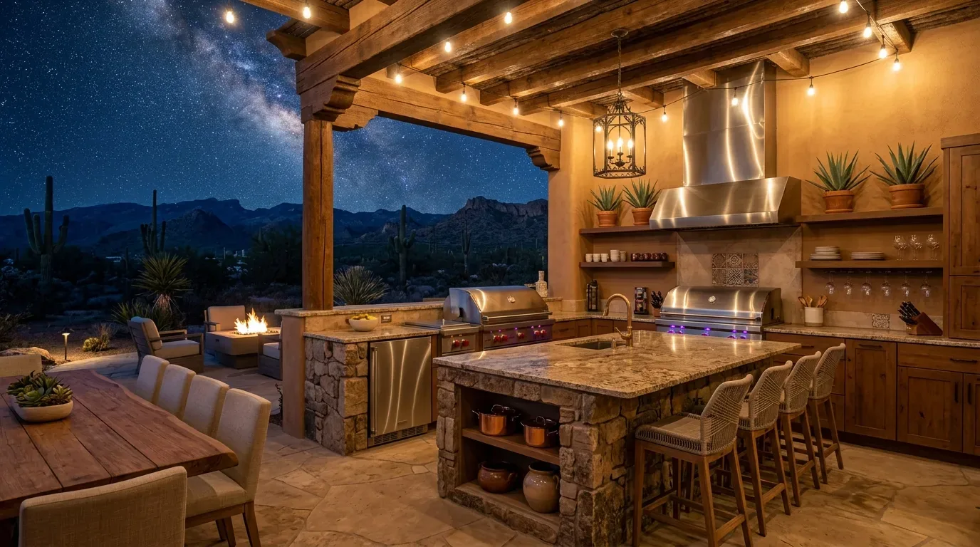 Outdoor kitchen and dining area with stone and wood elements under a wooden pergola, featuring a starry night sky and desert landscape in the background
