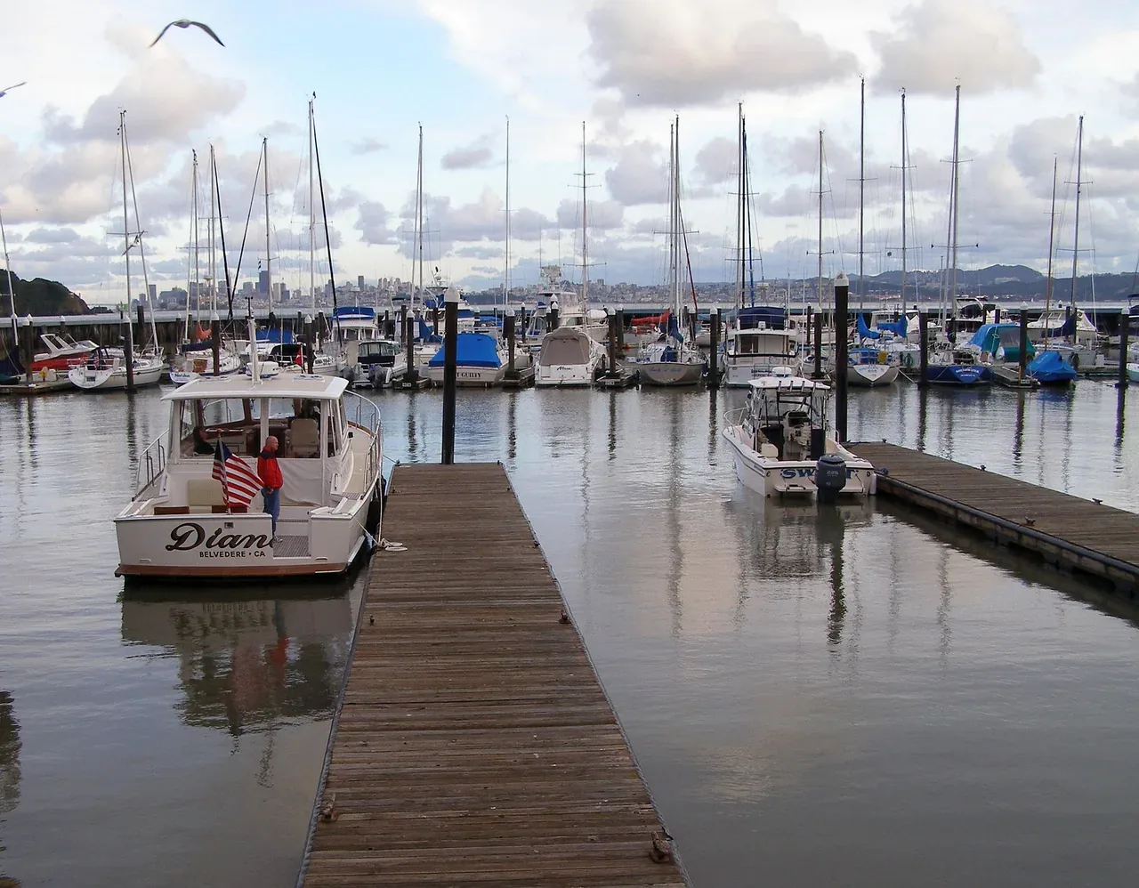 A marina with multiple boats docked along wooden piers under a cloudy sky
