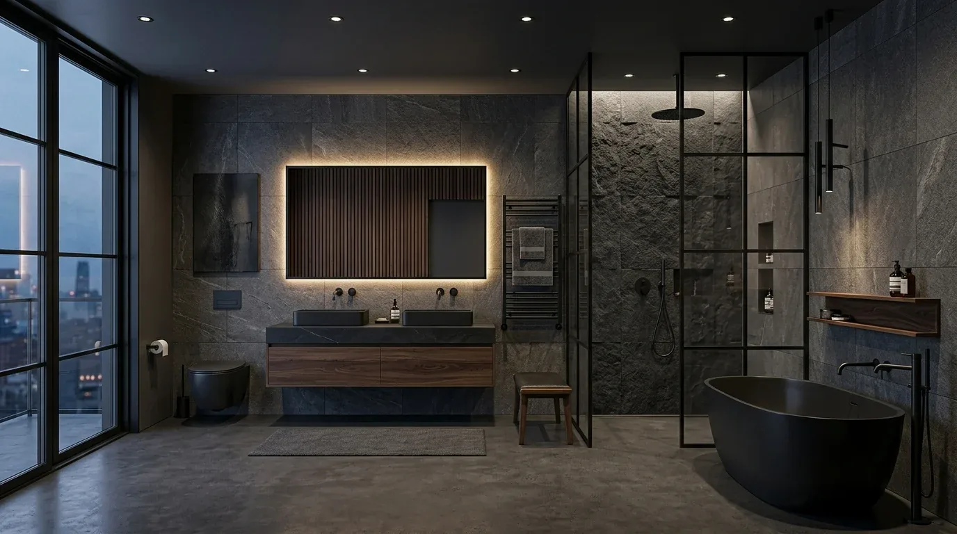 A modern dark-toned bathroom with a double sink vanity, backlit mirror, glass shower enclosure, and freestanding bathtub
