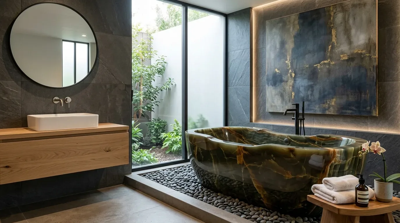 A modern bathroom featuring a large stone bathtub, a wooden floating vanity with a rectangular sink, a round mirror, and a large window overlooking greenery