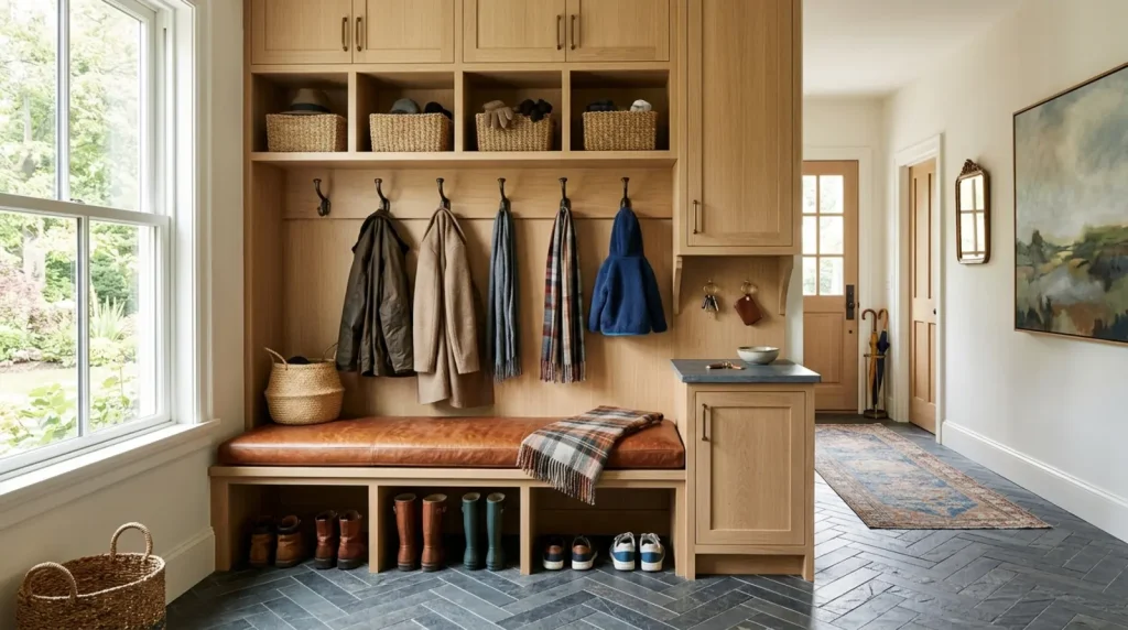 White oak mudroom built-ins with herringbone slate floor, woven baskets, brass hooks, and a caramel leather bench cushion in a family entryway