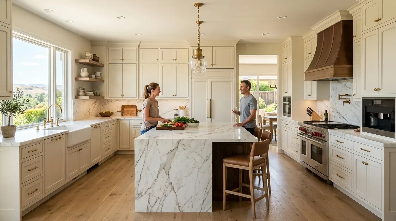 A modern kitchen with white cabinetry, a large marble island, wooden floors, and two people interacting