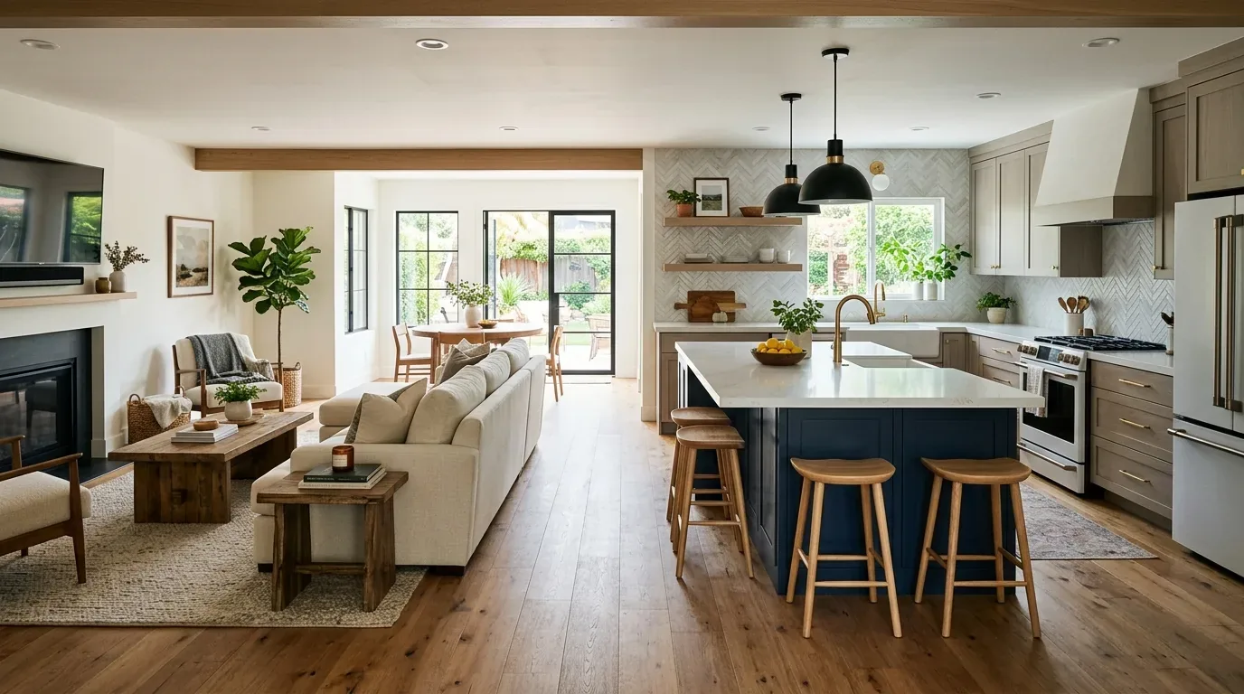 An open-concept living room and kitchen with modern farmhouse style featuring a large island, wooden stools, and neutral-toned furniture
