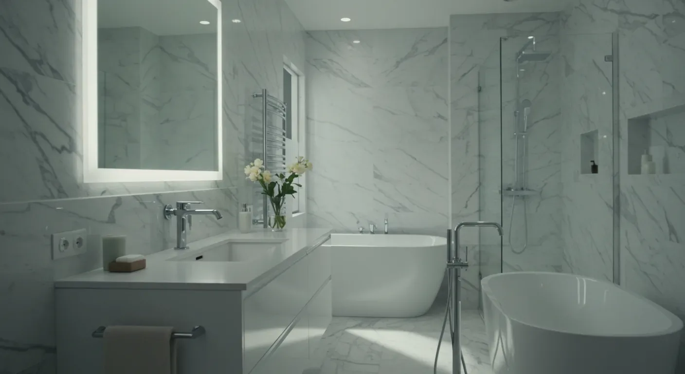 A modern bathroom with marble walls, a large illuminated mirror, a double vanity, a freestanding bathtub, and a glass-enclosed shower