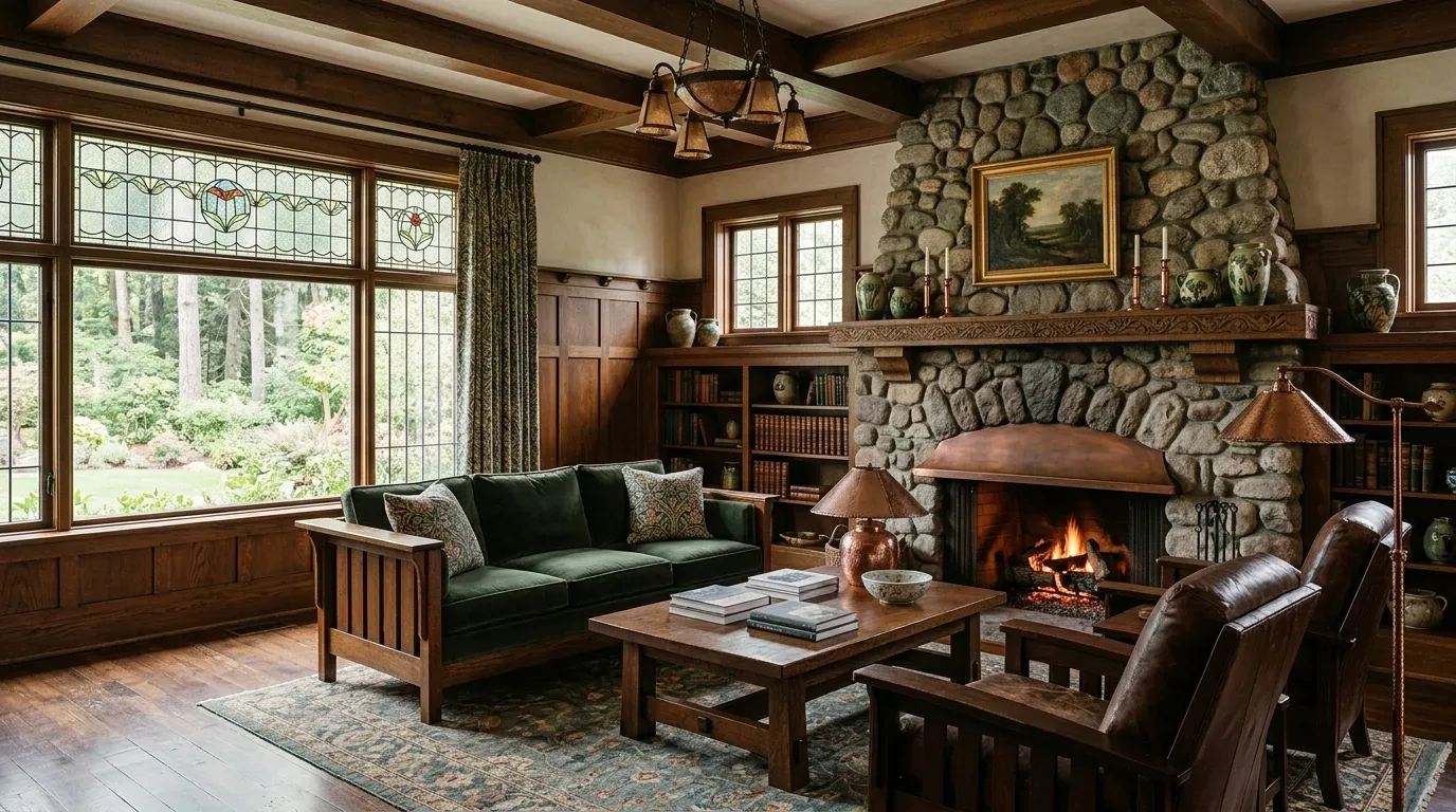 A cozy living room with a stone fireplace, wooden furniture, stained glass windows, and a view of a garden