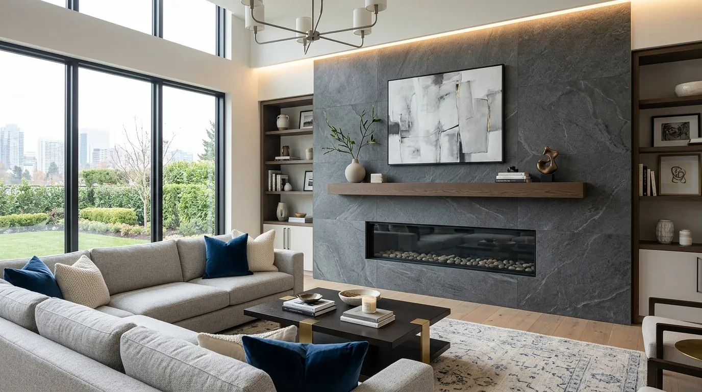 A modern living room with large windows, a gray sectional sofa with blue and beige pillows, a dark wood coffee table, and a stone fireplace wall with a wooden mantel and abstract art
