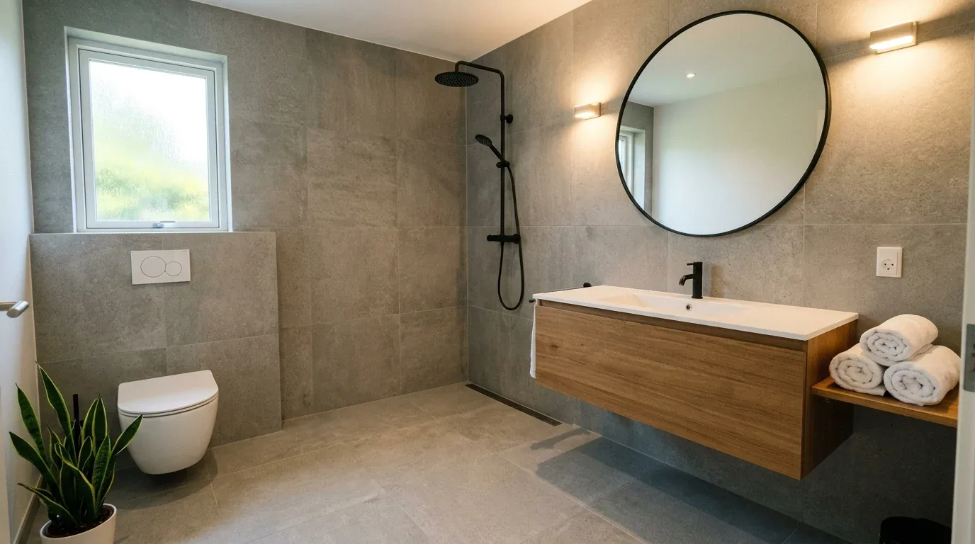 A modern bathroom with a floating wooden vanity, round mirror, wall-mounted toilet, walk-in shower with black fixtures, and a potted plant