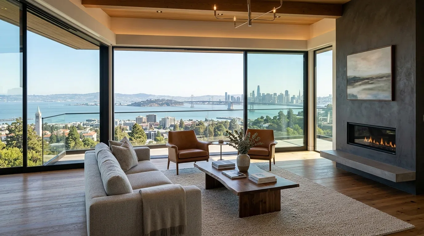 A modern living room with large floor-to-ceiling windows offering a panoramic view of a city skyline and bay, featuring a gray sofa, two brown leather