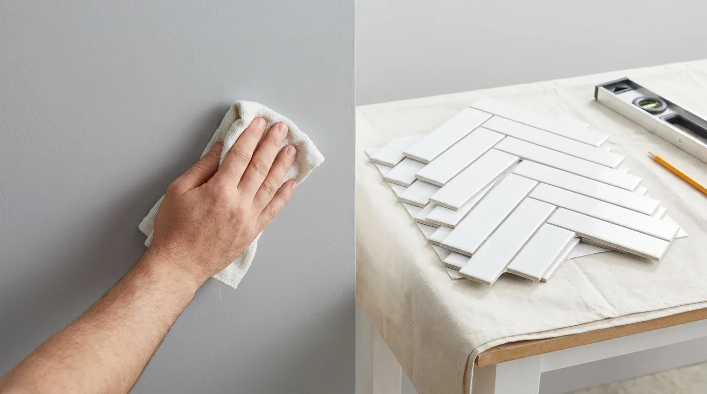 A hand cleaning a gray wall with a cloth next to a table holding white subway tile samples, a level, and a pencil