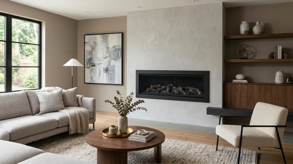 Linear gas fireplace insert with black steel surround set into a venetian plaster wall, flanked by walnut shelving and a boucle armchair