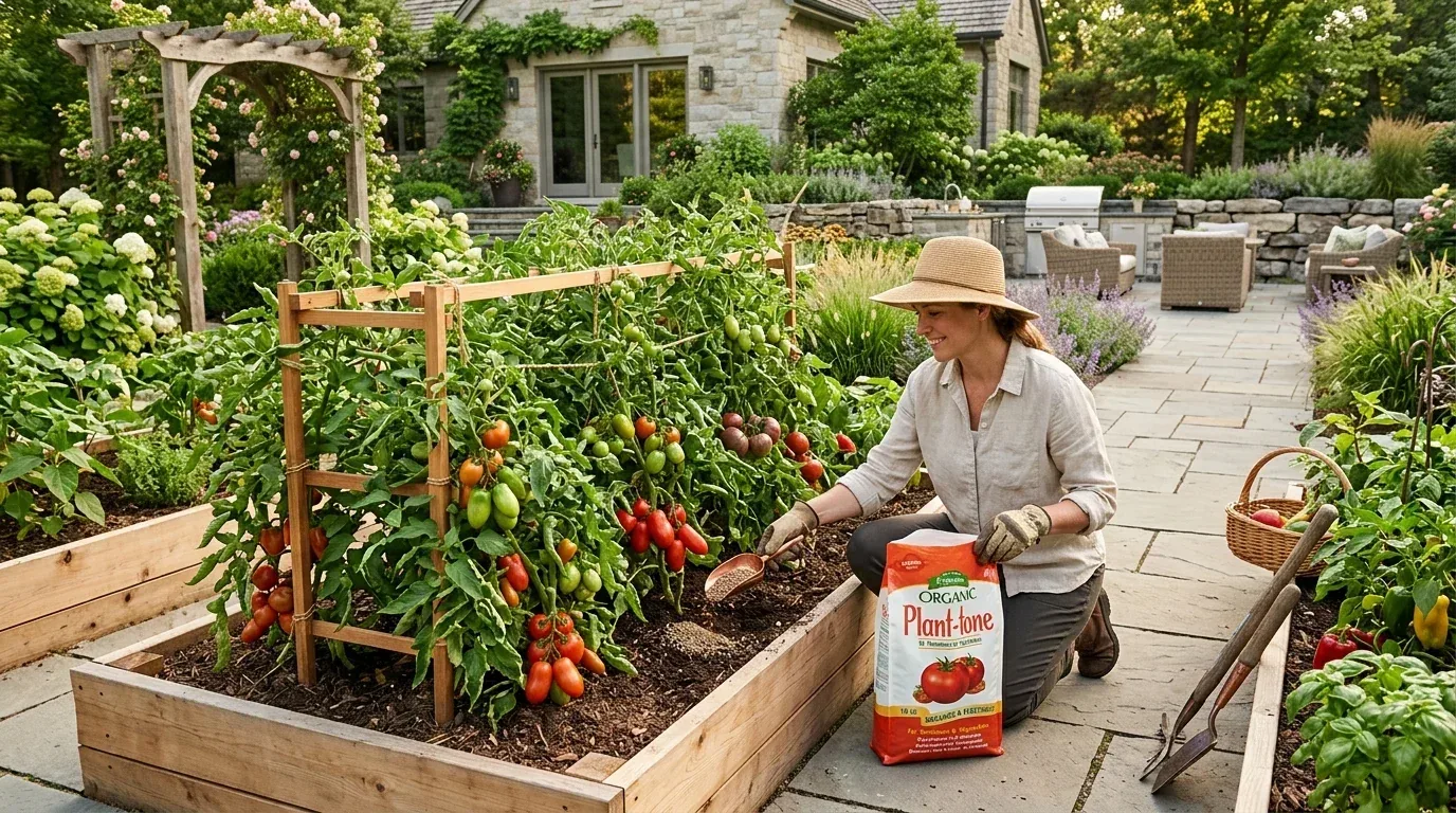 A woman works in her tomato bed. Organic fertilizer feeds the plants. Her patio garden is tidy and productive
